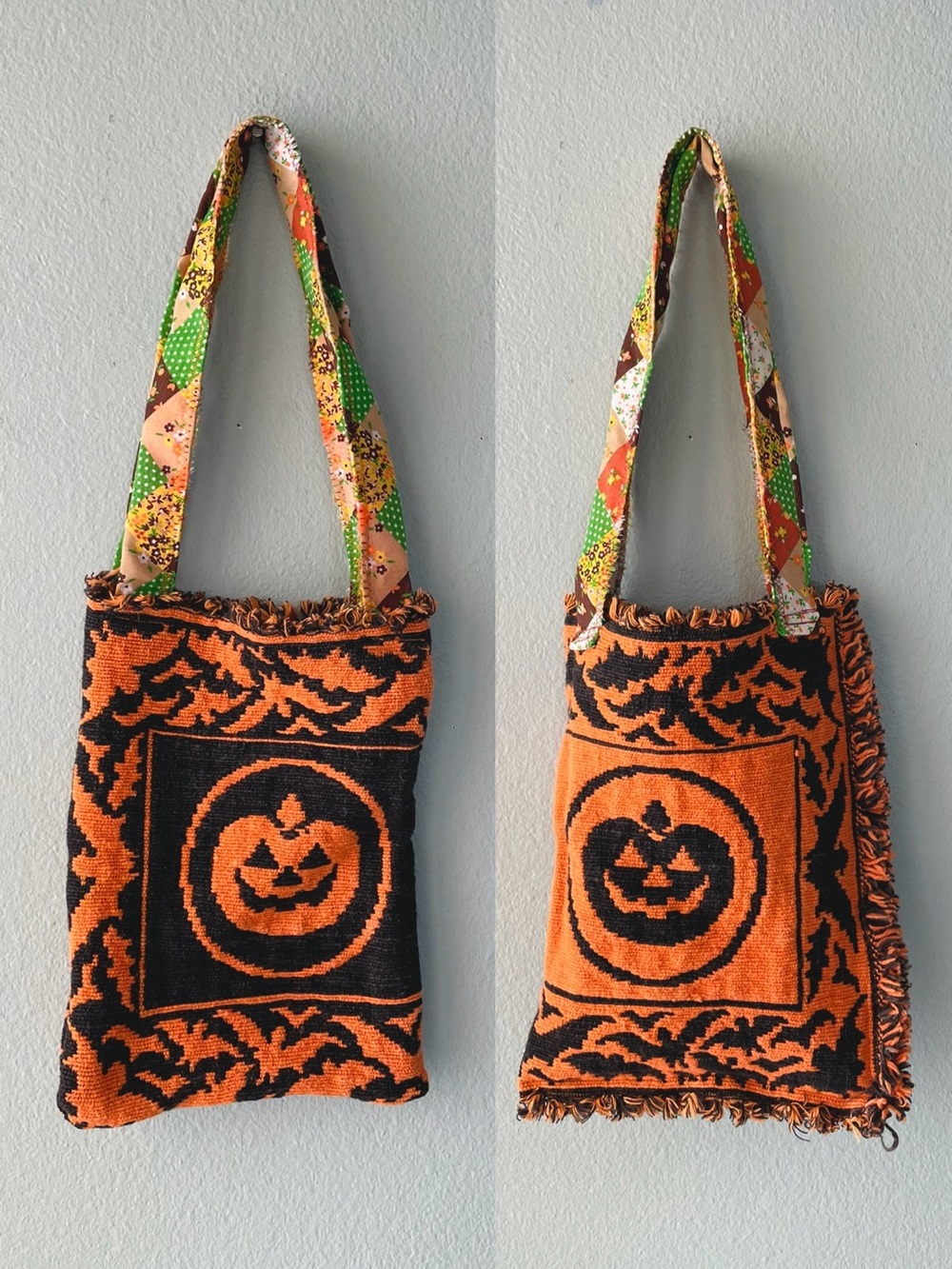 Handcrafted | Upcycled Halloween Bats Pumpkins Reversible Tapestry Shoulder Bag